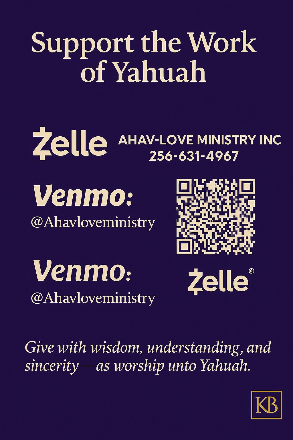 Original Ahava giving poster showing Zelle phone 256-631-4967, Venmo @Ahavloveministry and QR code
