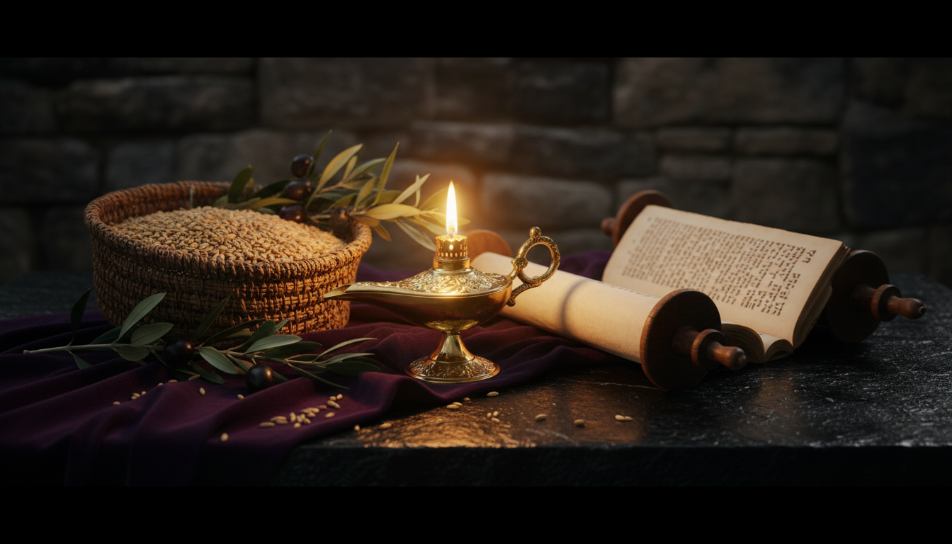 Oil lamp and Scripture scroll symbolizing faithful stewardship