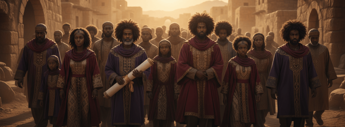 Black Hebrew Israelite families and elders walking together toward golden sunrise
