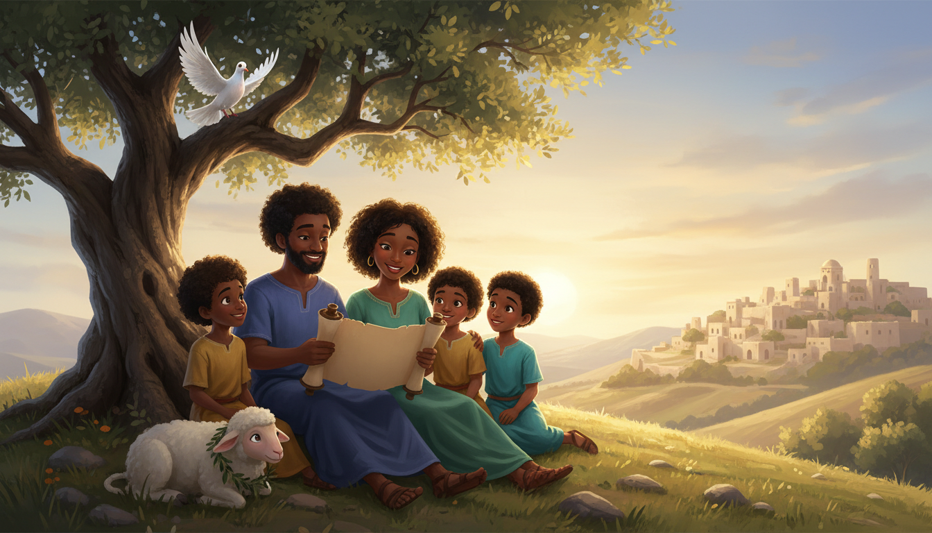 Black Israelite children gathered beneath an olive tree to learn the Scriptures