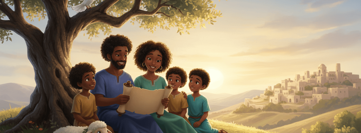 Black Israelite children listening to their parents read Scripture beneath an olive tree at sunrise