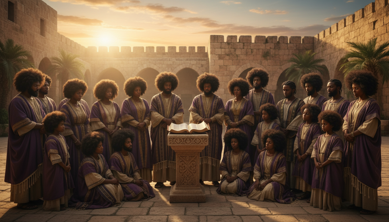 Black Hebrew Israelite families and elders gathered with Torah in an ancient courtyard