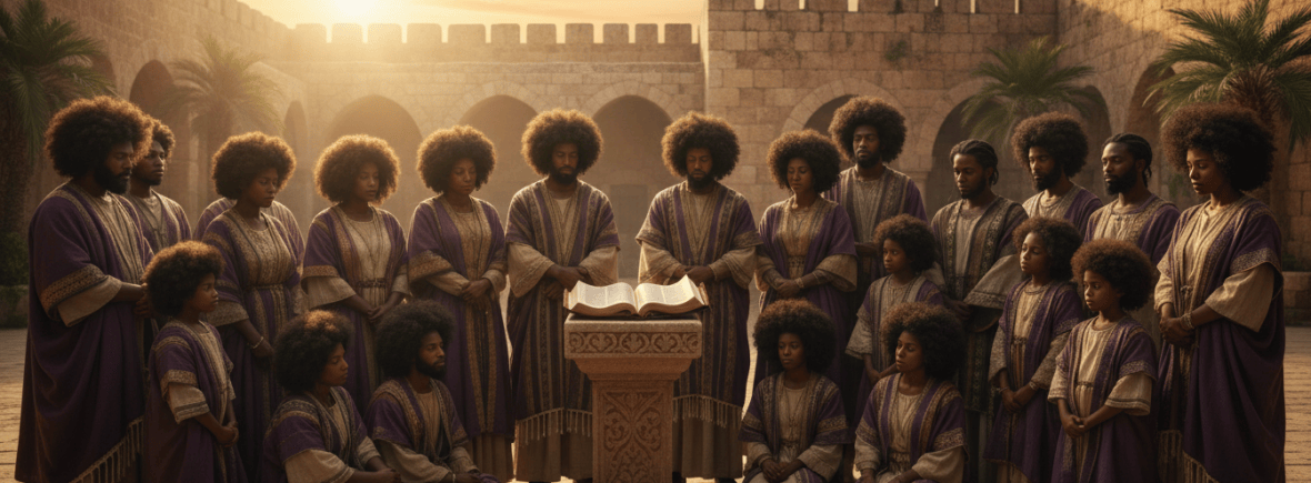 Black Hebrew Israelite elders and families gathered with Torah scroll in an ancient stone courtyard