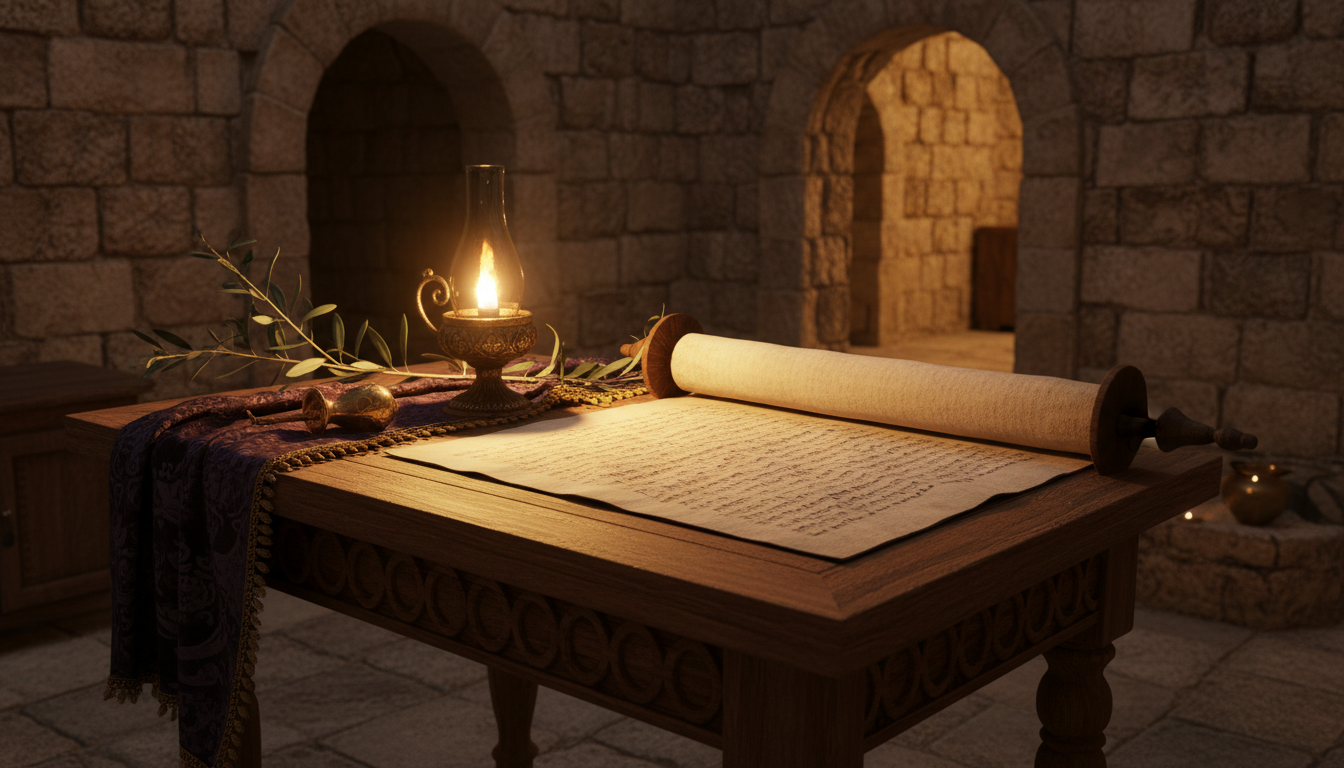 Ancient Torah scroll beside olive branches and purple cloth in golden light