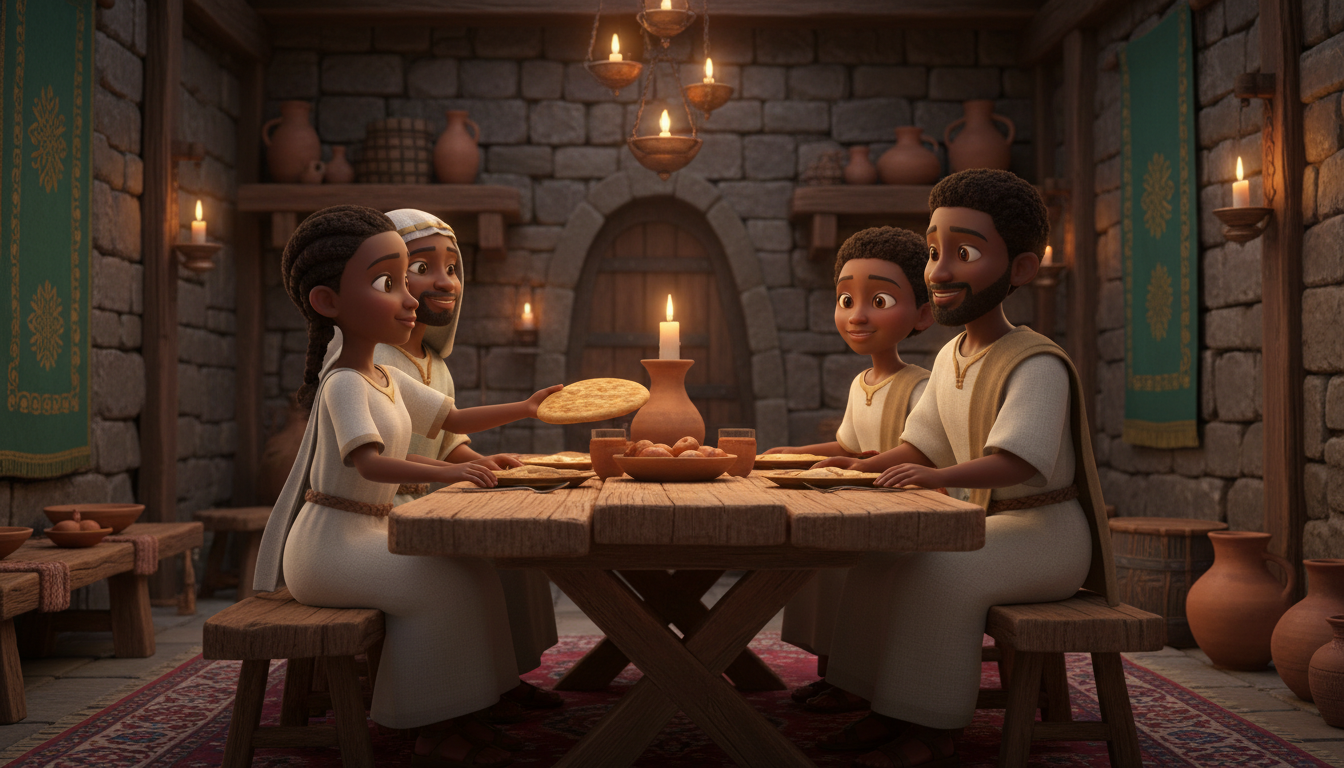 Black Israelite sister sharing bread with her younger brother