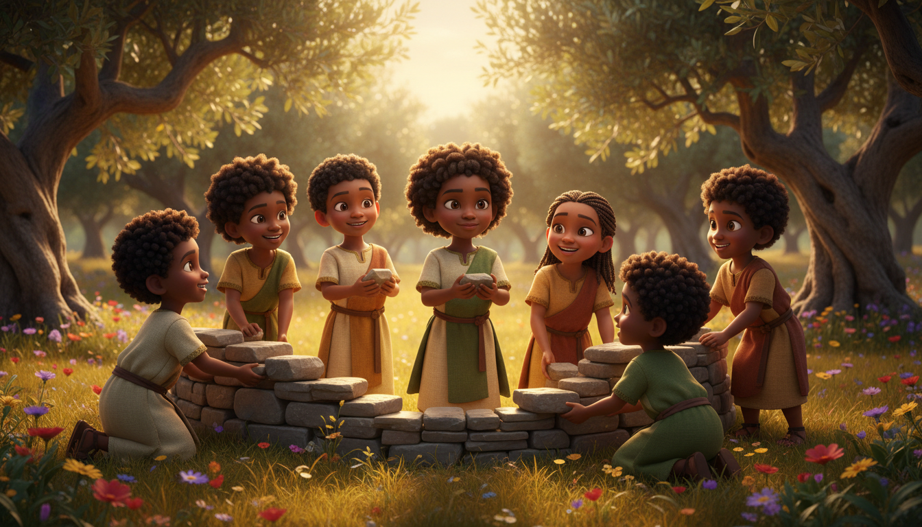 Black Israelite children rebuilding a small garden wall together