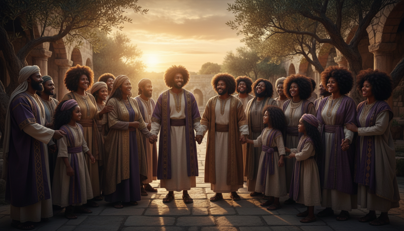 Black Hebrew Israelite families warmly gathering in an olive grove