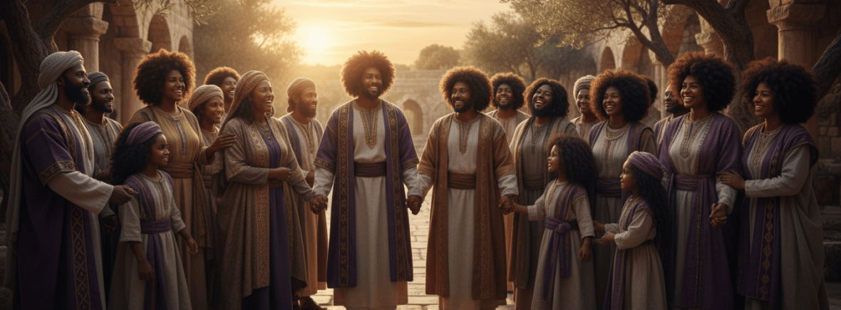 Black Hebrew Israelite families gathering in an ancient olive grove at sunrise