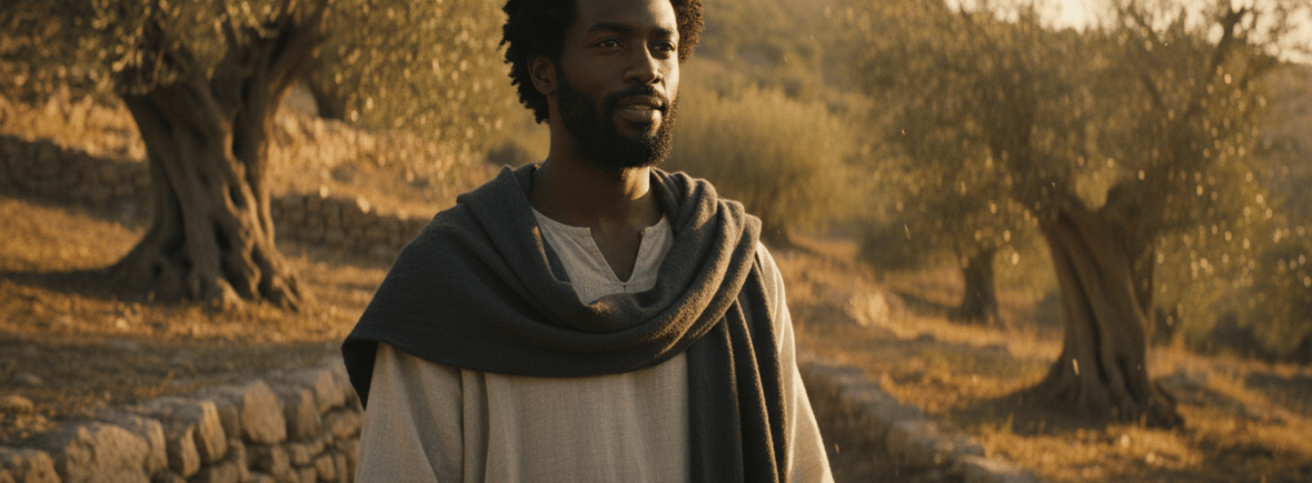 Artistic depiction of Yahusha as a Black Hebrew Israelite man on a Judean hillside